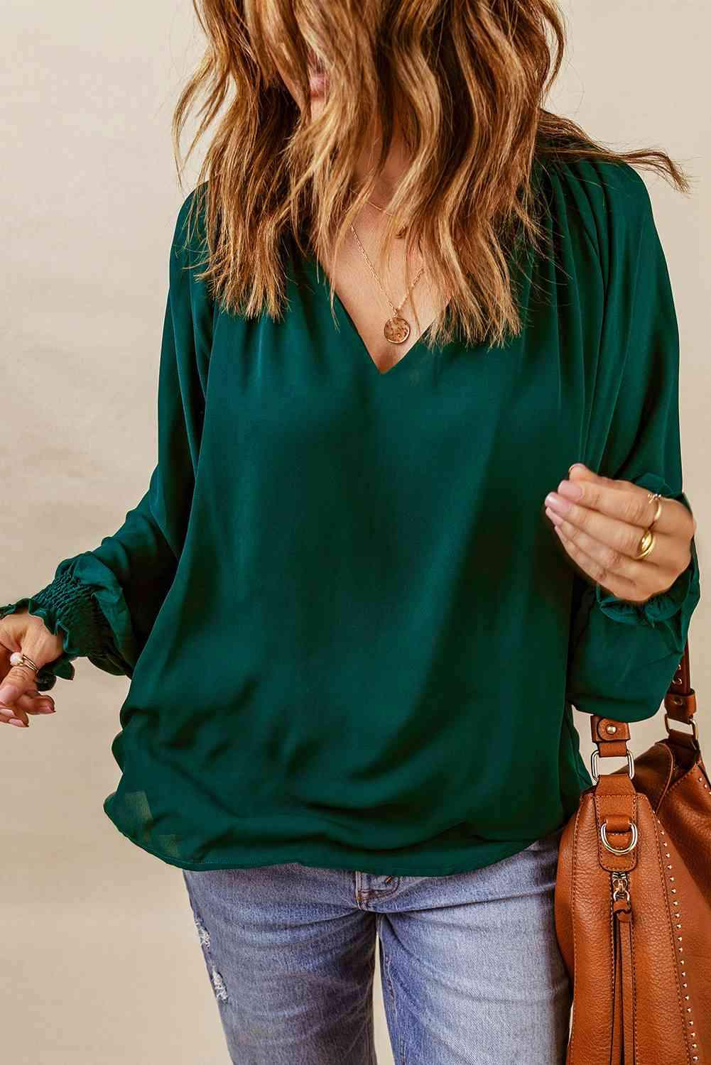 Notched Neck Lantern Sleeve Blouse Blouses - Tophatter Daily Deals