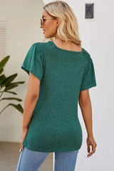 Smocked Round Neck Flutter Sleeve T-Shirt Women's T-Shirts - Tophatter Daily Deals