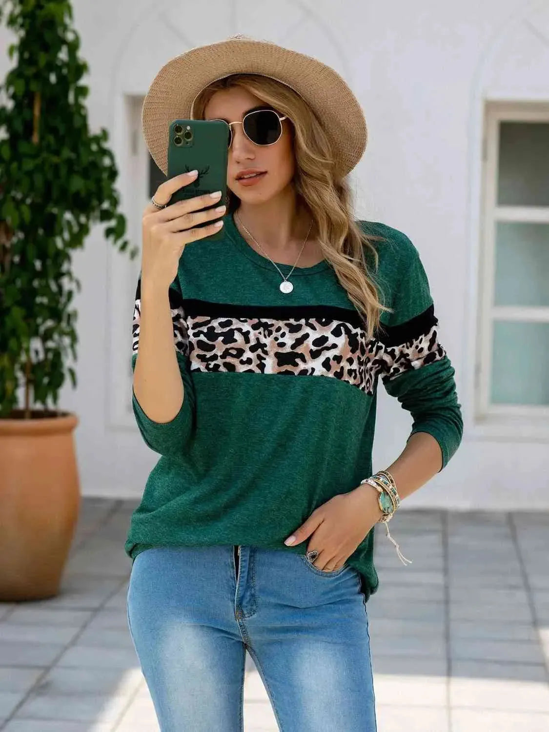 Leopard Round Neck Long Sleeve T-Shirt Green Women's T-Shirts - Tophatter Daily Deals