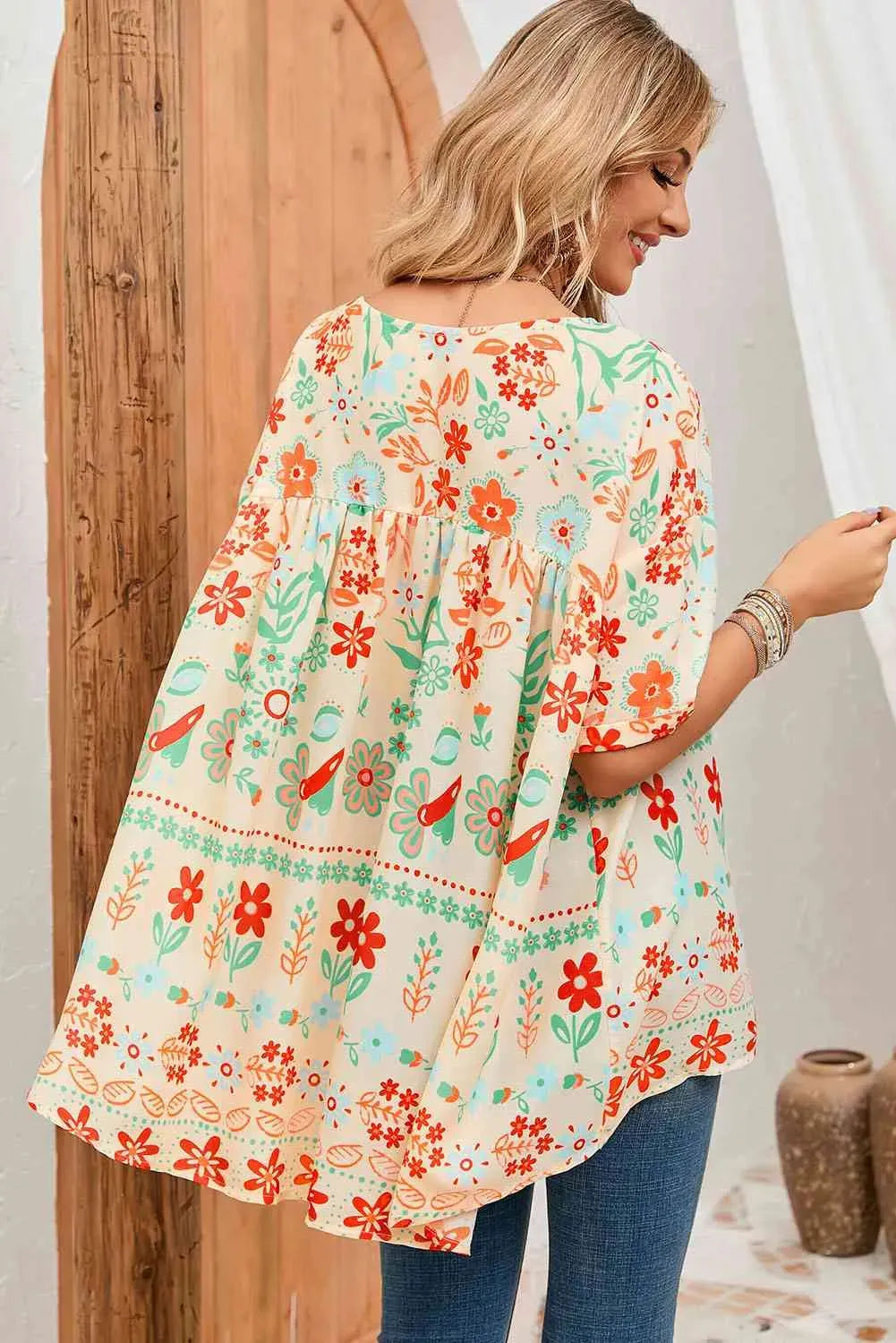Floral Round Neck Babydoll Blouse Blouses - Tophatter Daily Deals