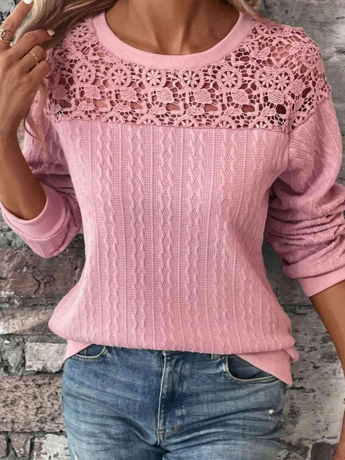 Lace Detail Round Neck Top Blouses - Tophatter Daily Deals