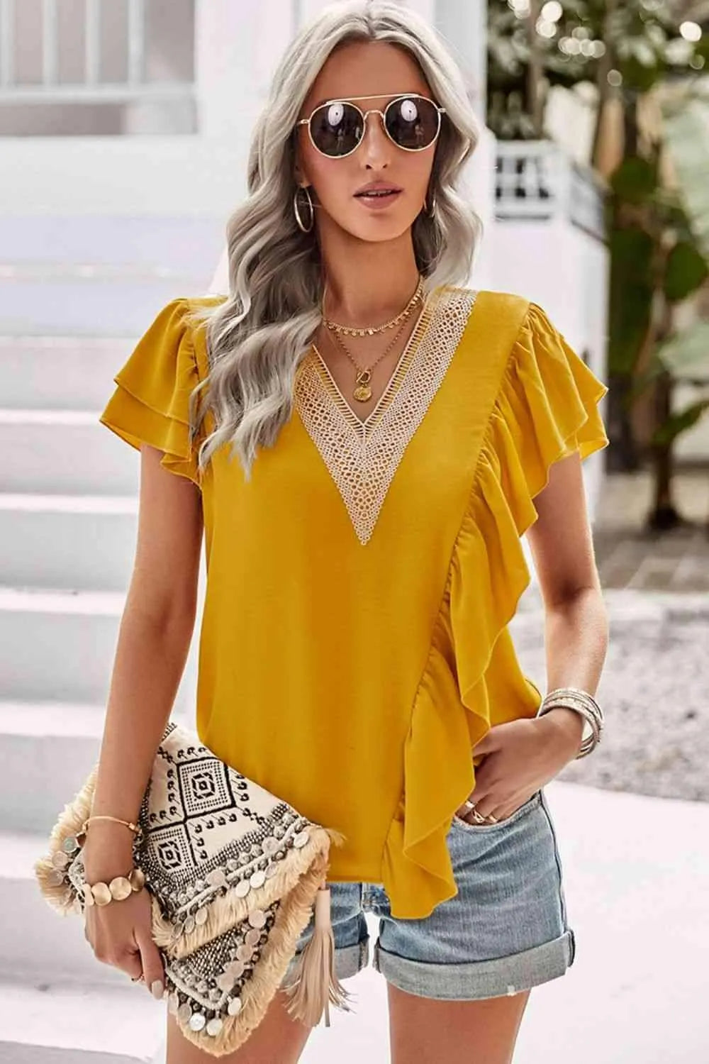 Contrast Ruffle Trim Flutter Sleeve Blouse Mustard Blouses - Tophatter Daily Deals