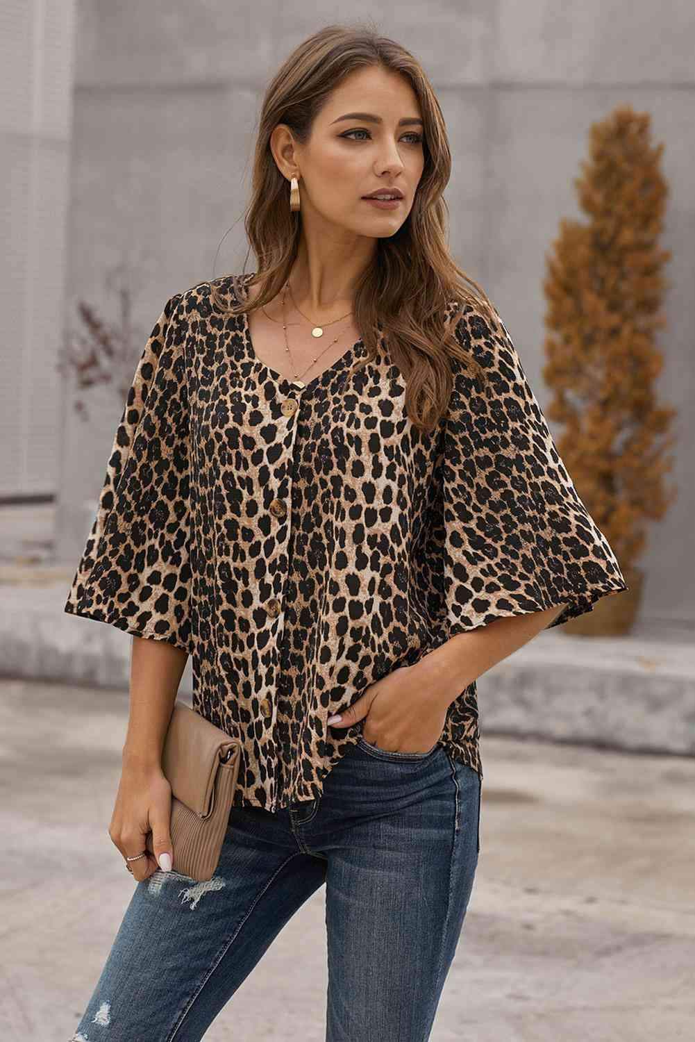 Printed Button Front Flare Sleeve Blouse Leopard Blouses - Tophatter Daily Deals