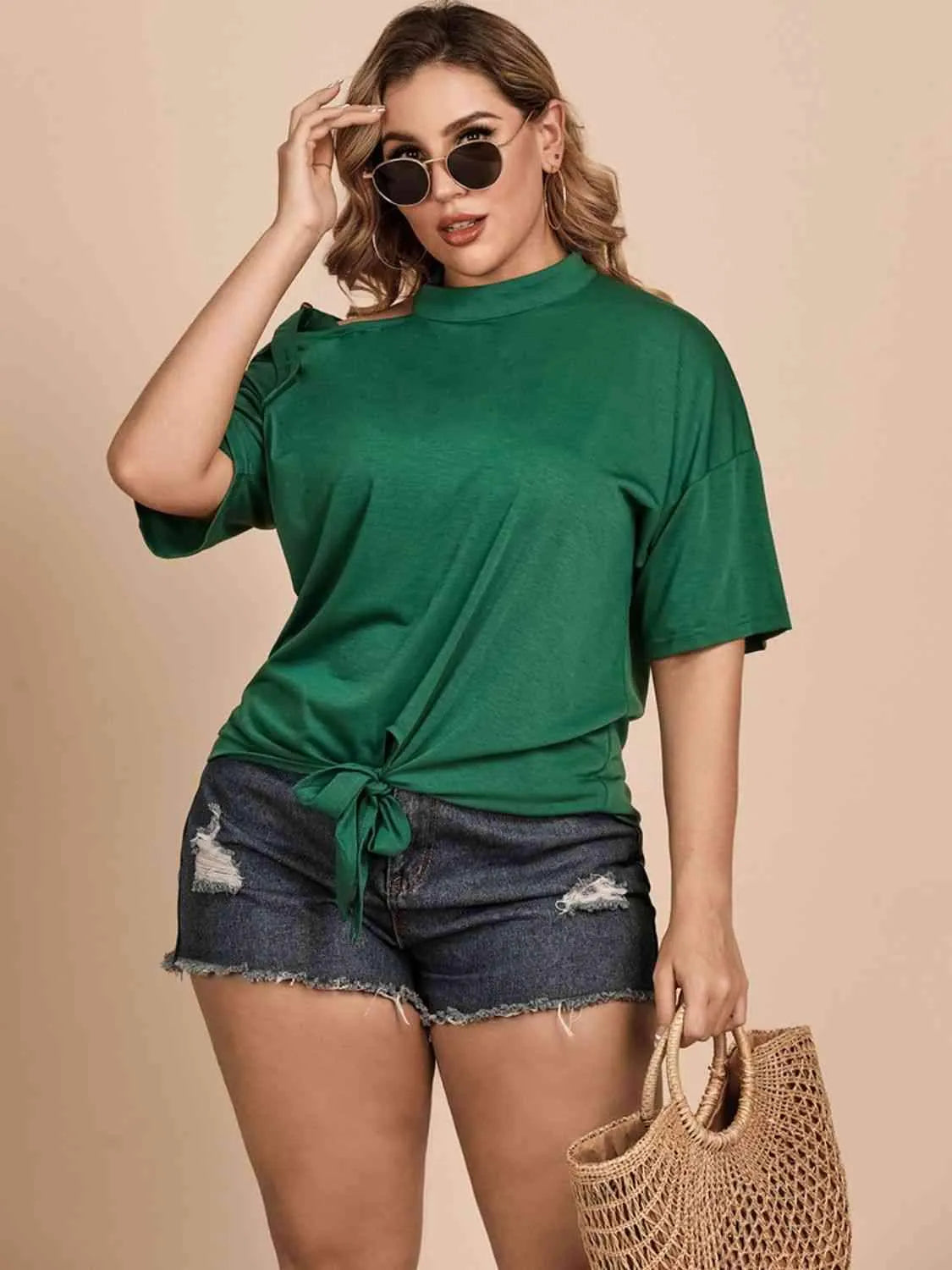 Plus Size Tied Cold-Shoulder Tee Shirt Forest Blouses - Tophatter Daily Deals