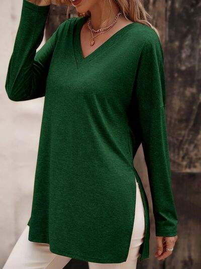 V-Neck Slit Long Sleeve T-Shirt Women's T-Shirts - Tophatter Daily Deals