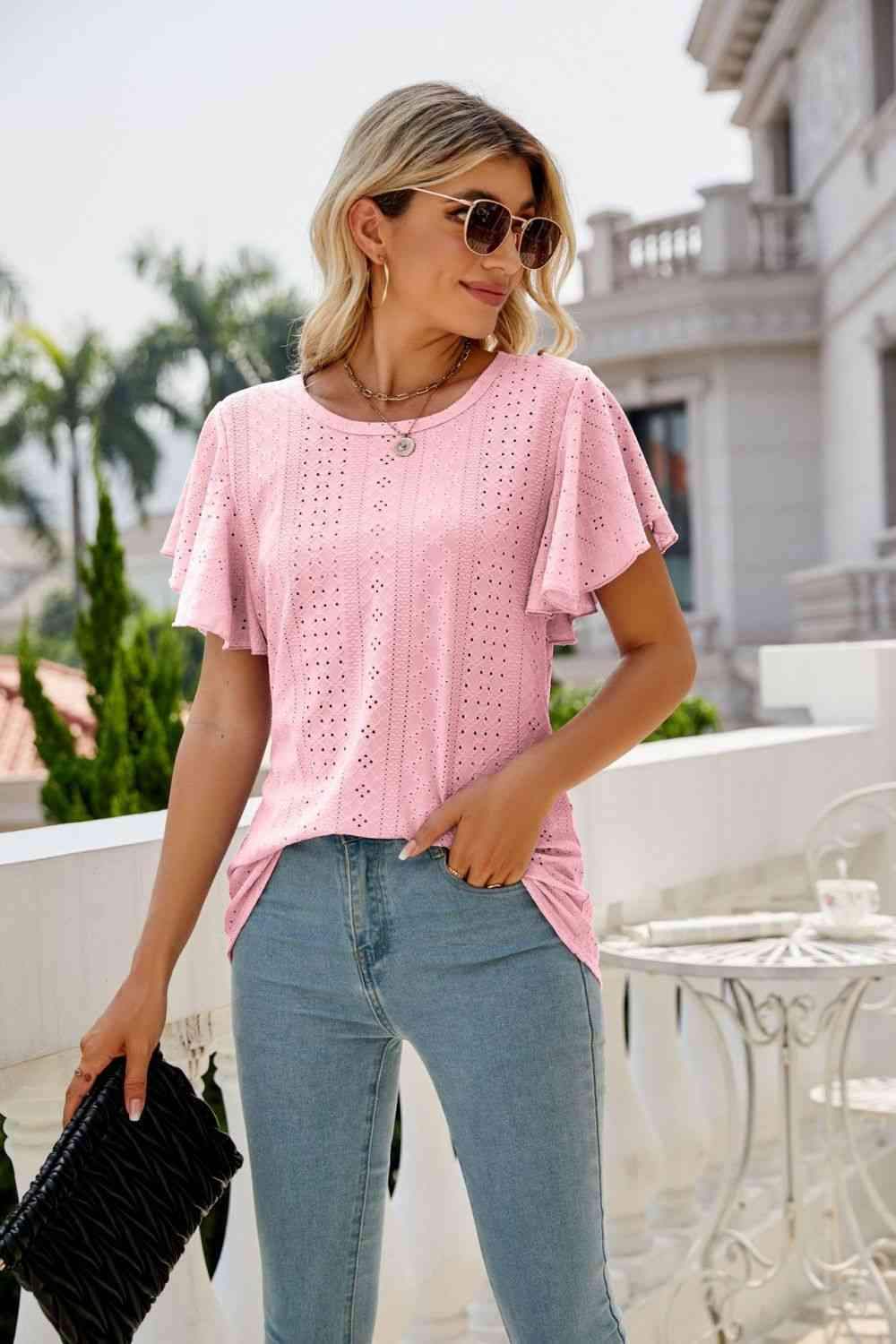 Eyelet Flutter Sleeve Round Neck Top Blouses - Tophatter Daily Deals