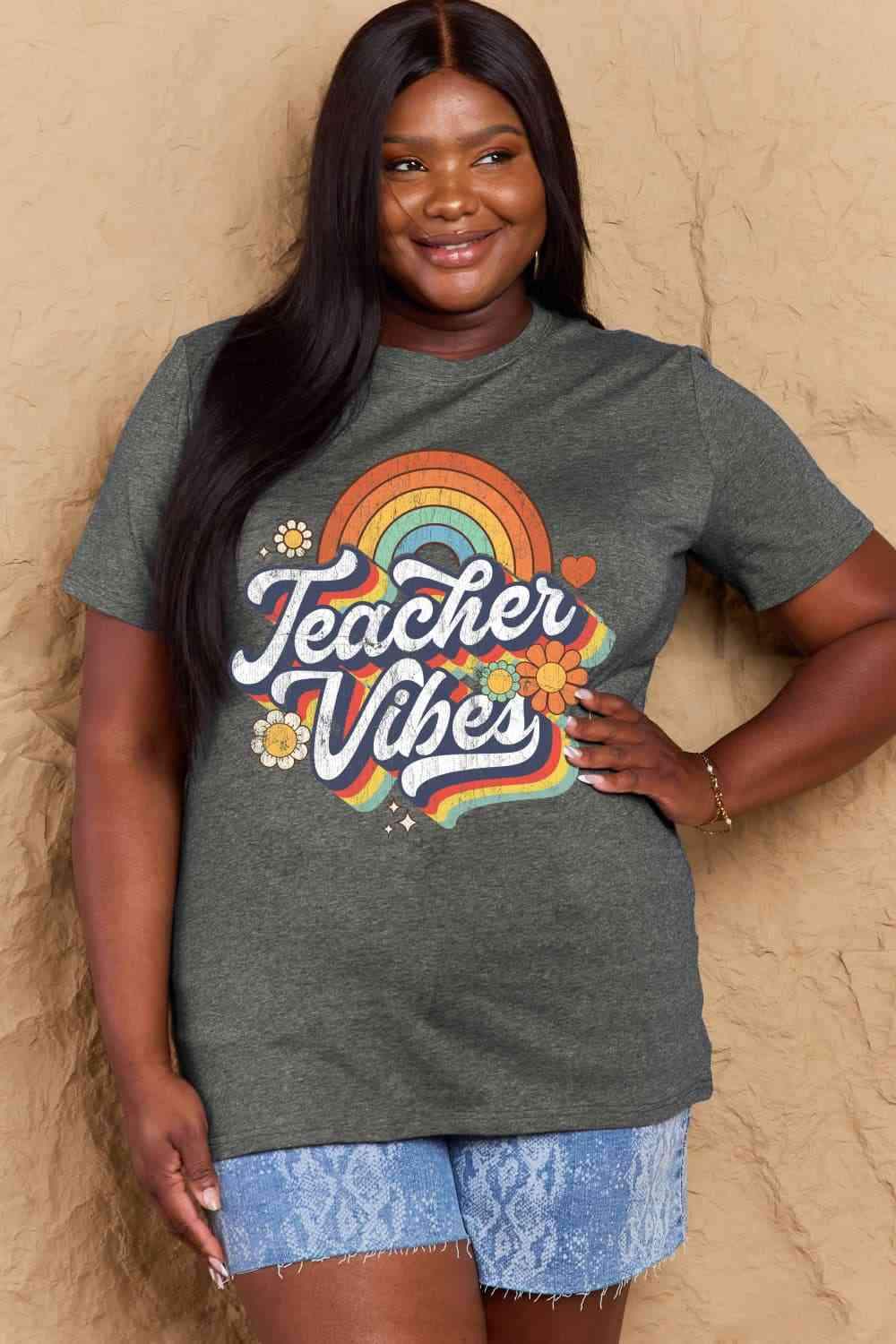 Simply Love Full Size TEACHER VIBES Graphic Cotton T-Shirt Charcoal Women's T-Shirts - Tophatter Daily Deals