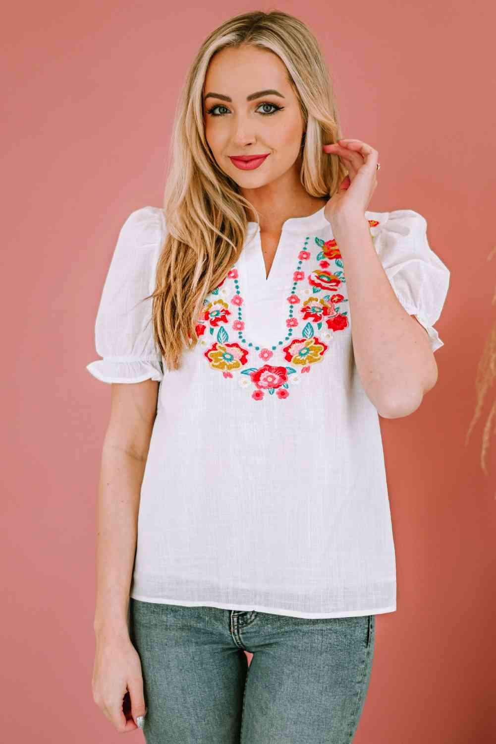 Embroidered Notched Neck Flounce Sleeve Top White Blouses - Tophatter Daily Deals