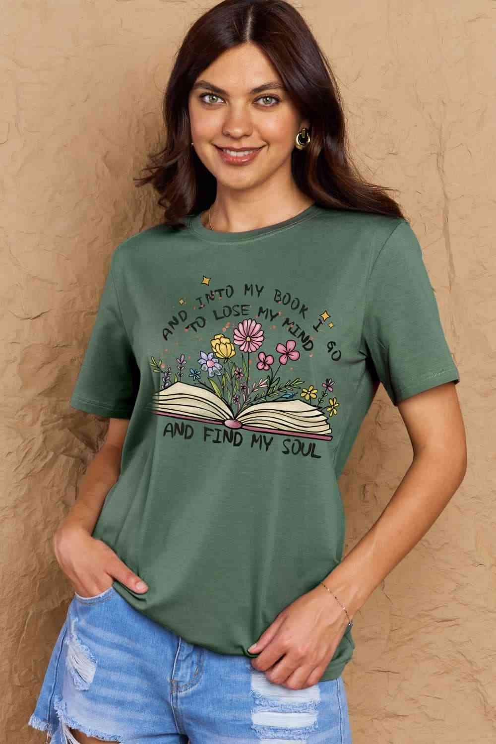 Simply Love Full Size Book & Flower Graphic Cotton Tee Green Women's T-Shirts - Tophatter Daily Deals