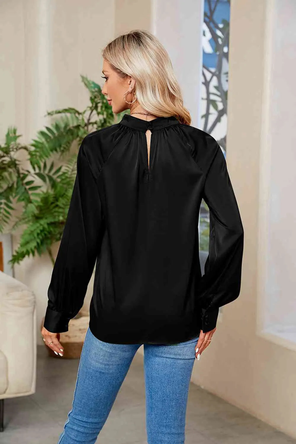 Cutout Mock Neck Long Sleeve Top Blouses - Tophatter Daily Deals