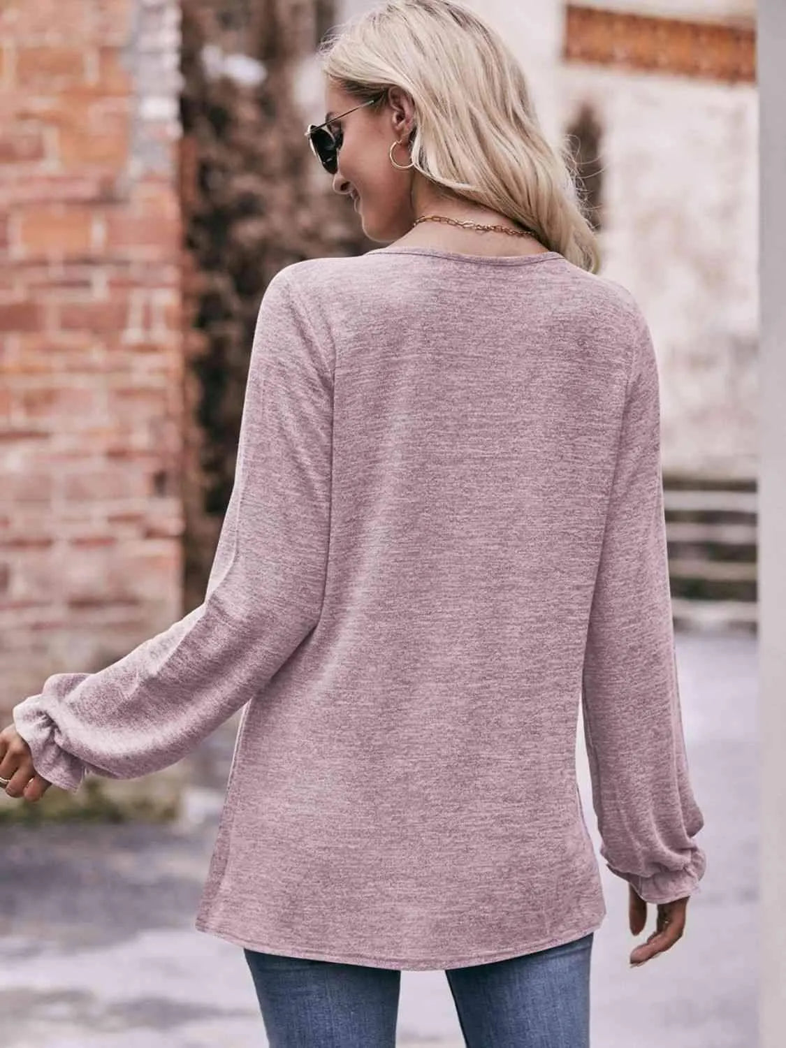 Double Take Long Flounce Sleeve Round Neck Blouse Blouses - Tophatter Daily Deals