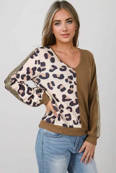Leopard V-Neck Waffle-Knit Top Blouses - Tophatter Daily Deals