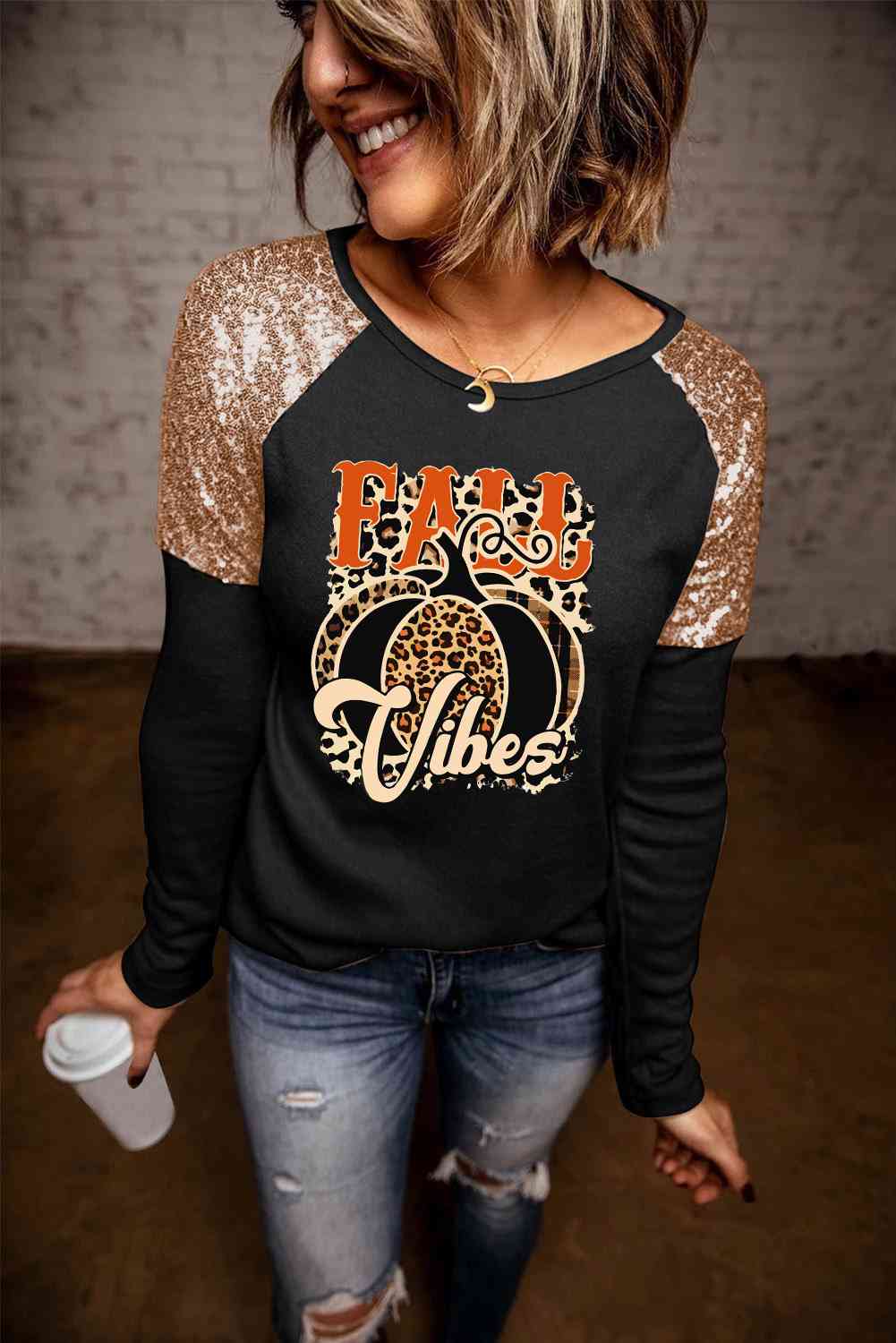 FALL VIBES Graphic Sequin T-Shirt Women's T-Shirts - Tophatter Daily Deals