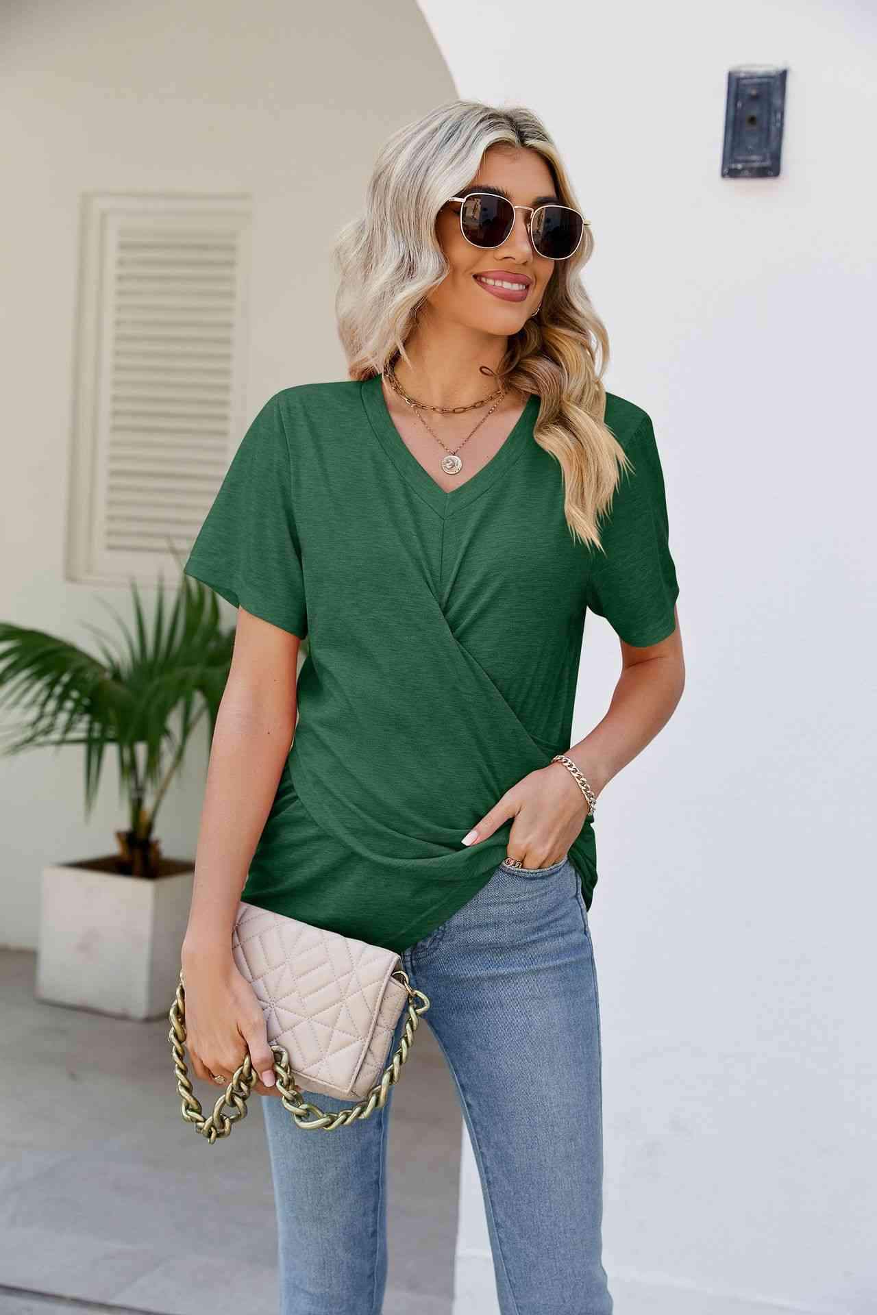 V-Neck Crisscross Short Sleeve Tee Forest Women's T-Shirts - Tophatter Daily Deals