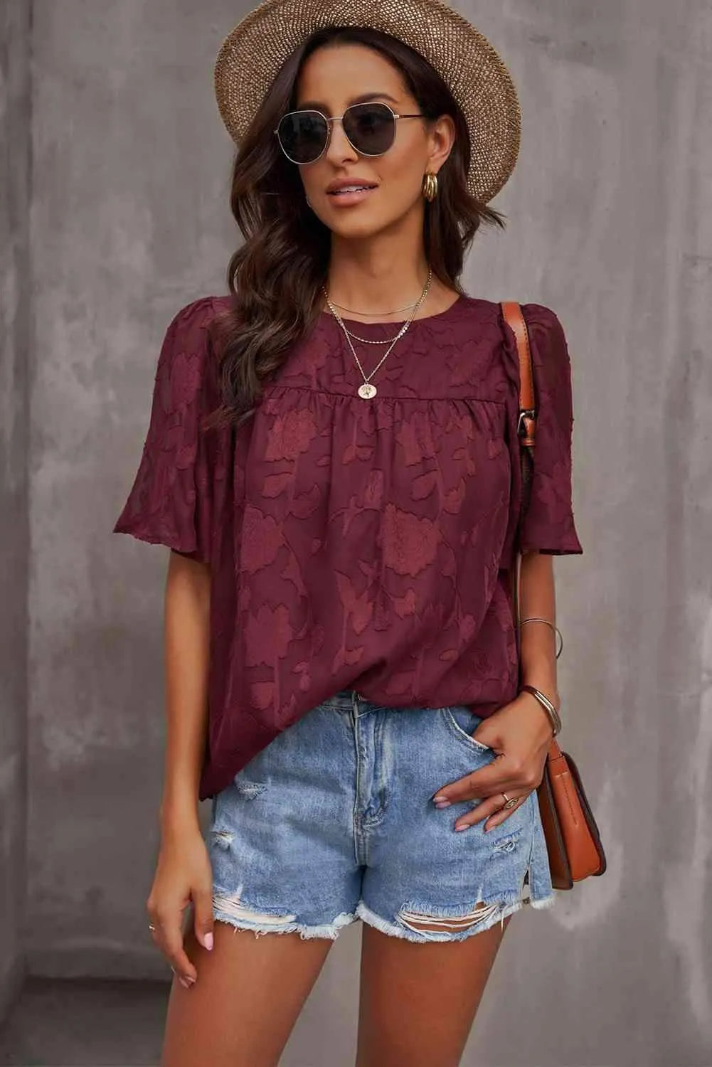 Round Neck Puff Sleeve Blouse Blouses - Tophatter Daily Deals