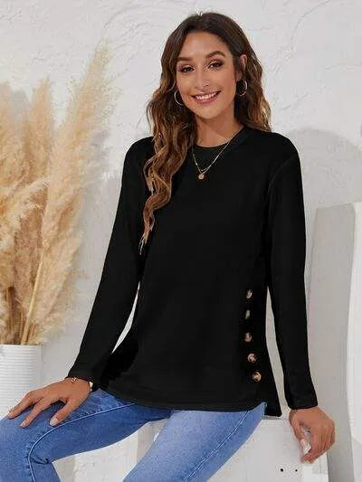 Decorative Button Round Neck Long Sleeve T-Shirt Black Women's T-Shirts - Tophatter Daily Deals