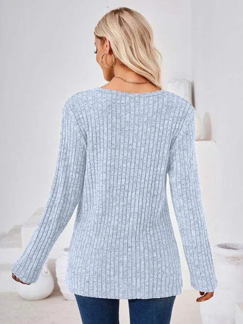 Ribbed Buttoned Round Neck Slit T-Shirt Women's T-Shirts - Tophatter Daily Deals