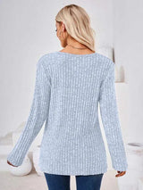 Ribbed Buttoned Round Neck Slit T-Shirt Women's T-Shirts - Tophatter Daily Deals