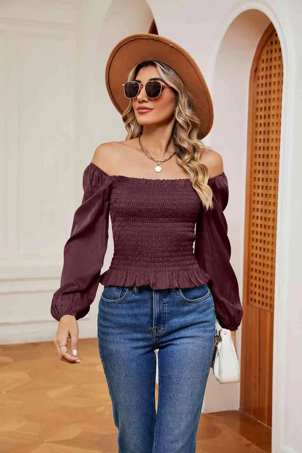 Smocked Off-Shoulder Ruffle Hem Blouse Blouses - Tophatter Daily Deals