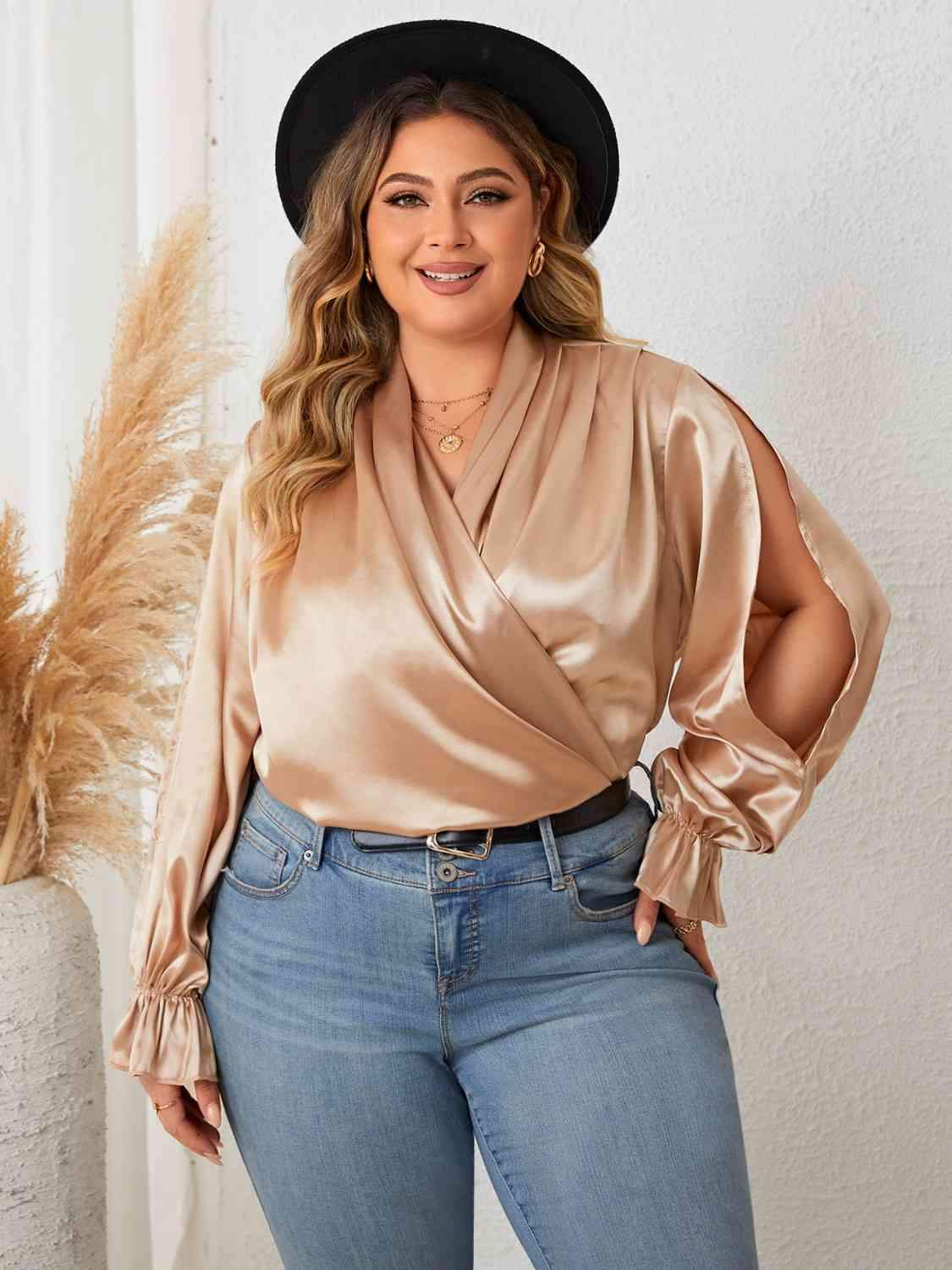 Plus Size Surplice Neck Flounce Sleeve Blouse Blouses - Tophatter Daily Deals