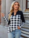 Plaid Notched Long Sleeve T-Shirt Women's T-Shirts - Tophatter Daily Deals