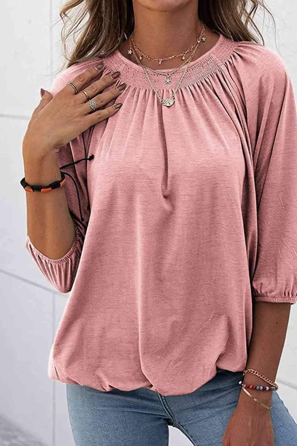 Gathered Detail Round Neck T-Shirt Blush Pink Women's T-Shirts - Tophatter Daily Deals