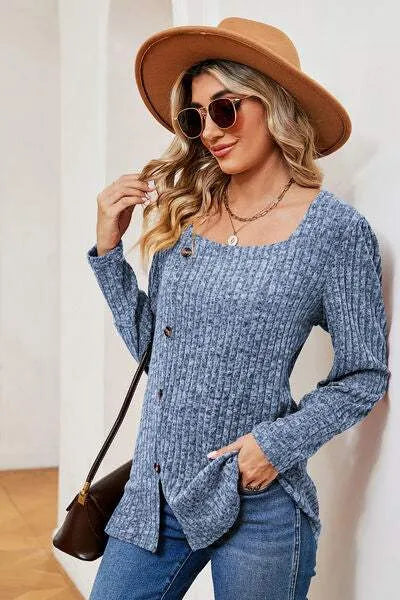Decorative Button Square Neck T-Shirt Women's T-Shirts - Tophatter Daily Deals