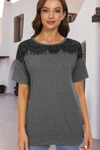 Lace Detail Round Neck Short Sleeve T-Shirt Charcoal Women's T-Shirts - Tophatter Daily Deals