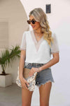 Contrast V-Neck Swiss Dot Top Blouses - Tophatter Daily Deals
