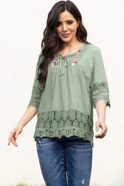 Tie Neck Lace Detail Half Sleeve Blouse Sage Blouses - Tophatter Daily Deals