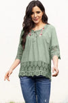 Tie Neck Lace Detail Half Sleeve Blouse Sage Blouses - Tophatter Daily Deals