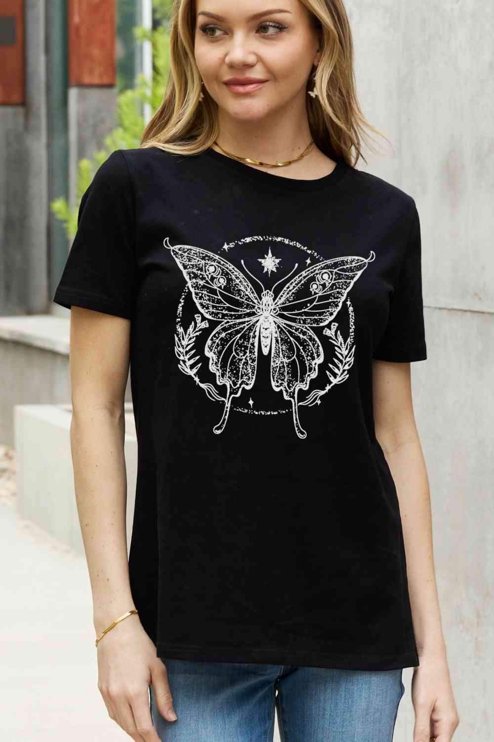 Simply Love Simply Love Full Size Butterfly Graphic Cotton Tee Black Women's T-Shirts - Tophatter Daily Deals