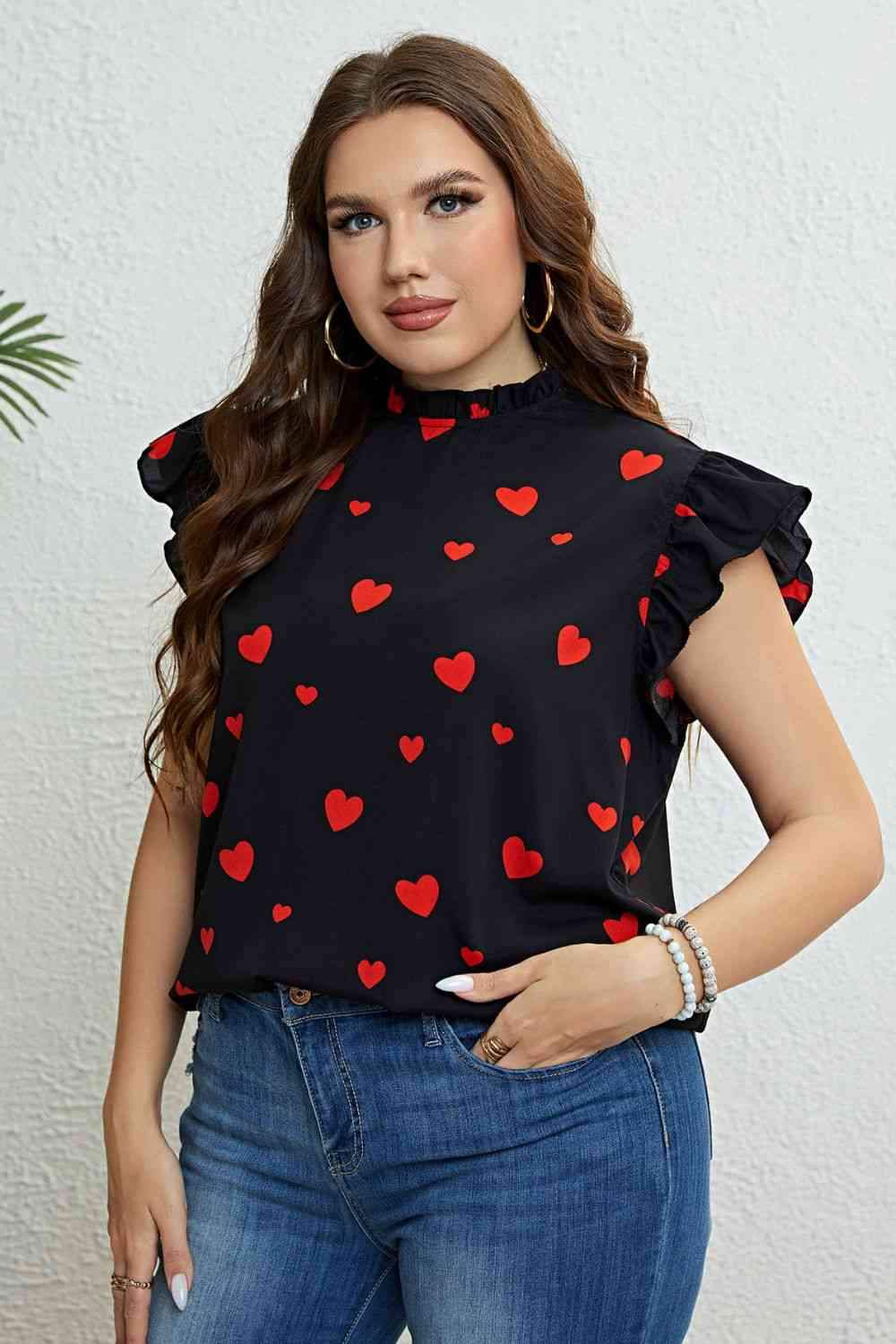 Plus Size Heart Print Butterfly Sleeve Mock Neck Top Blouses - Tophatter Daily Deals