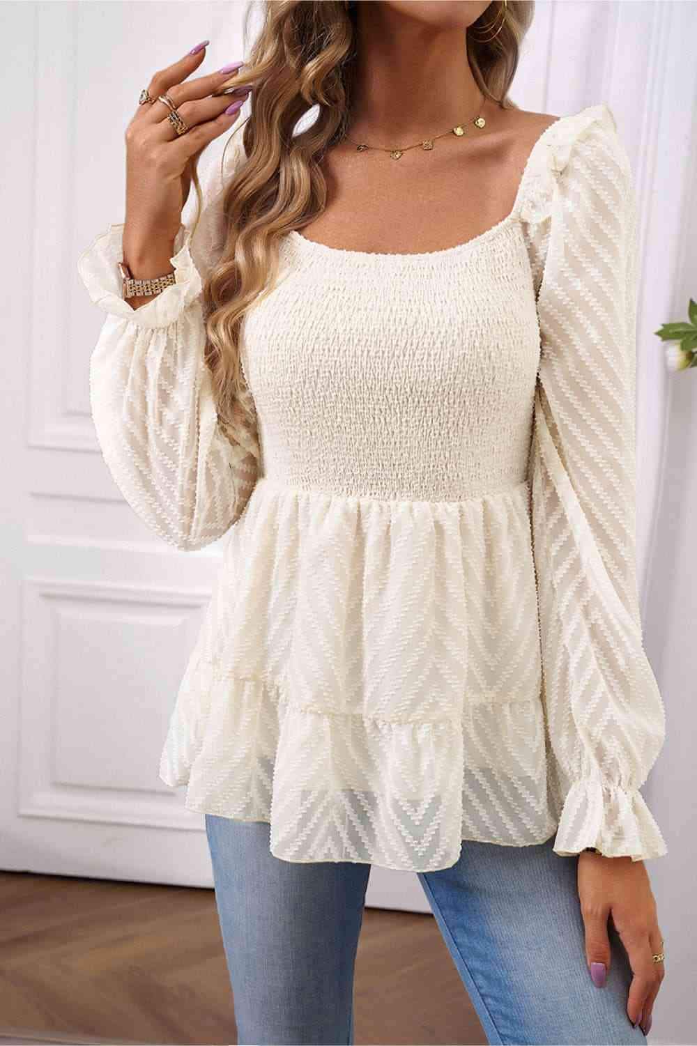 Square Neck Flounce Sleeve Peplum Top Ivory Blouses - Tophatter Daily Deals