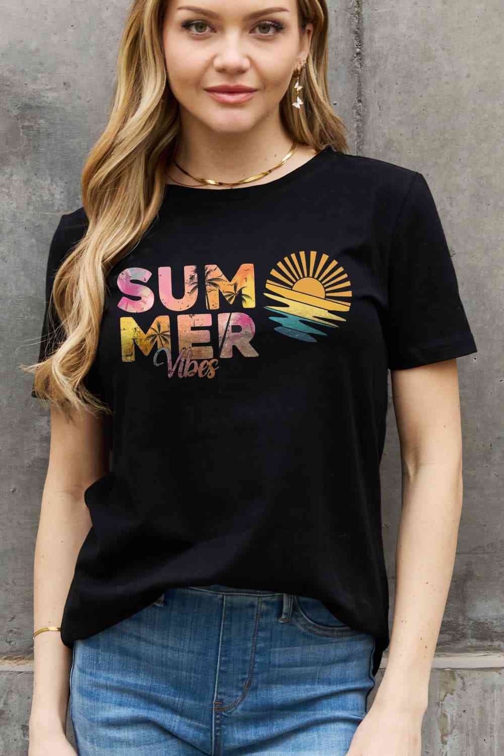 Simply Love Full Size SUMMER VIBES Graphic Cotton Tee Women's T-Shirts - Tophatter Daily Deals