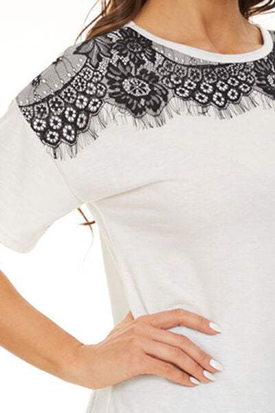 Lace Detail Round Neck Short Sleeve T-Shirt Women's T-Shirts - Tophatter Daily Deals