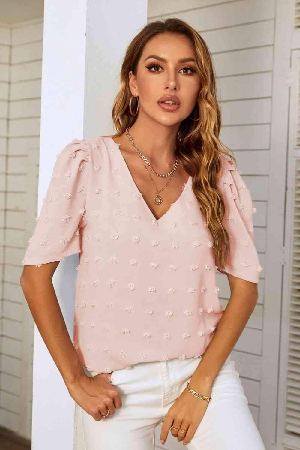 Swiss Dot V-Neck Puff Sleeve Blouse Blouses - Tophatter Daily Deals