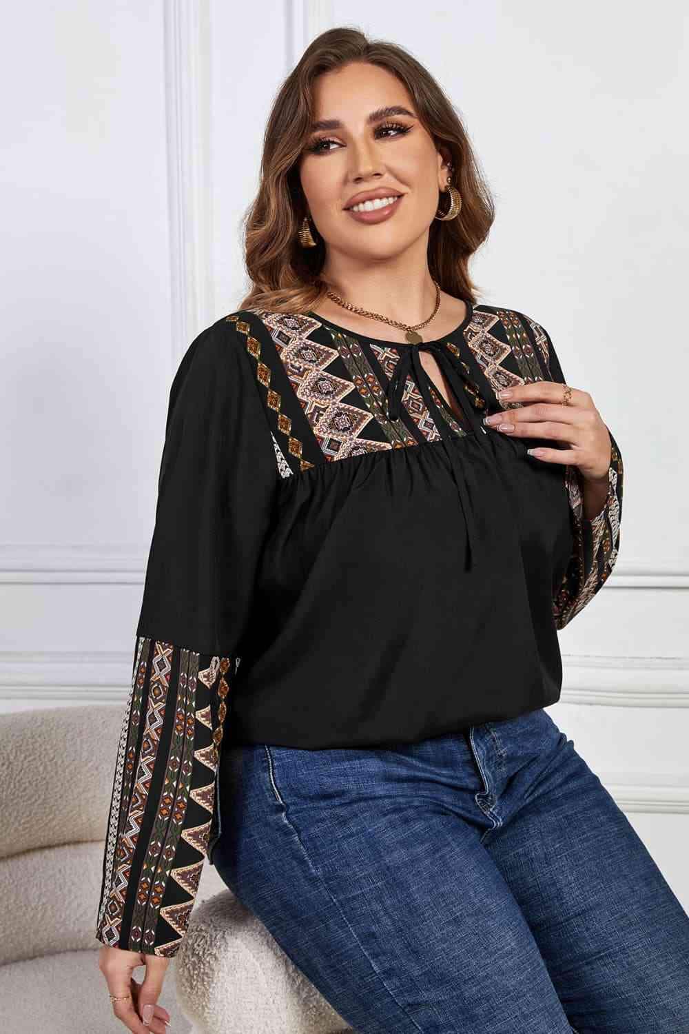 Melo Apparel Plus Size Printed Round Neck Tie Front Blouse Blouses - Tophatter Daily Deals