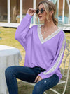 Contrast Spliced Lace V-Neck Top Blouses - Tophatter Daily Deals