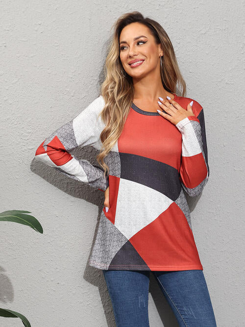 Color Block Round Neck Long Sleeve T-Shirt Women's T-Shirts - Tophatter Daily Deals