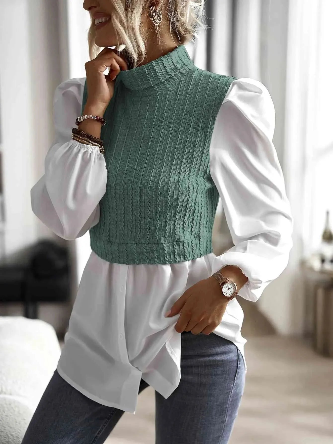 Contrast Cable-Knit Mock Neck Top Blouses - Tophatter Daily Deals