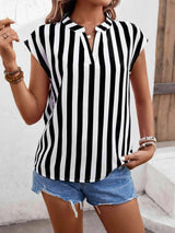 Striped Notched Neck Cap Sleeve Blouse Black Blouses - Tophatter Daily Deals