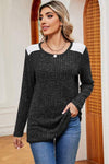 Eyelet Ribbed Round Neck Long Sleeve T-Shirt Women's T-Shirts - Tophatter Daily Deals