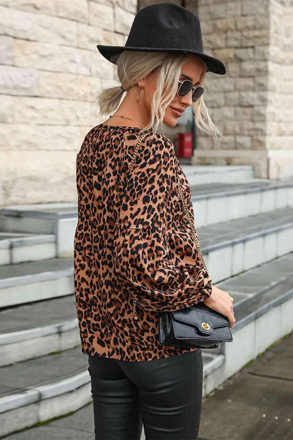 Leopard Lantern Sleeve Blouse Blouses - Tophatter Daily Deals