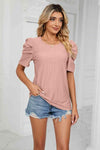 Eyelet Puff Sleeve Round Neck Blouse Mauve Blouses - Tophatter Daily Deals