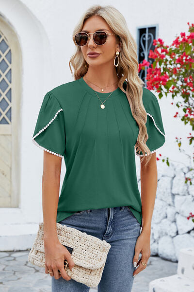 Round Neck Petal Sleeve T-Shirt Green Women's T-Shirts - Tophatter Daily Deals