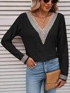 Double Take Contrast V-Neck Eyelet Long Sleeve Top Black Blouses - Tophatter Daily Deals