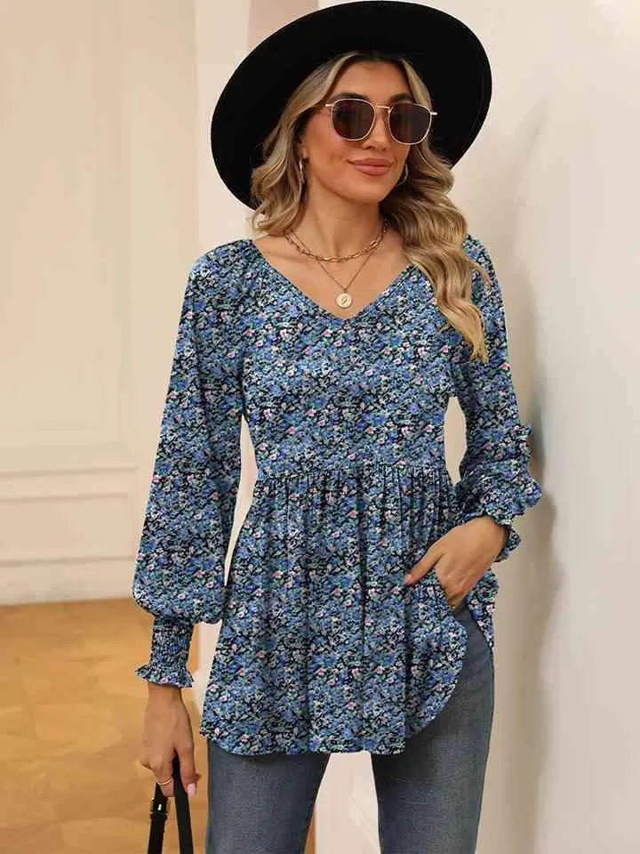 Printed V-Neck Lantern Sleeve Blouse Blouses - Tophatter Daily Deals