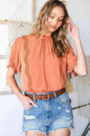 Frill Neck Short Flounce Sleeve Blouse Coral Blouses - Tophatter Daily Deals