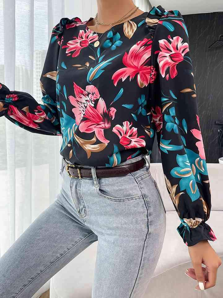 Floral Ruffle Shoulder Flounce Sleeve Blouse Blouses - Tophatter Daily Deals